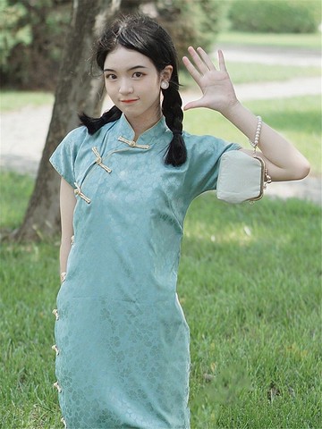藍綠色 2色 側邊開衩盤扣復古旗袍 新中式中秋春節改良連身裙洋裝