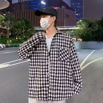 潮流個性小香風千鳥格外套男日系寬鬆小眾設計感上衣男