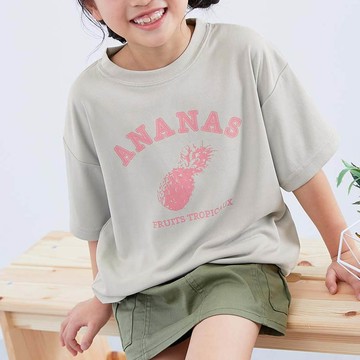 日本 devirock - 速乾網眼 女孩印花短袖上衣-鳳梨logo-灰杏