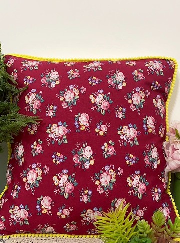 北歐田園風格紅色花圖案黃色小毛球邊抱枕靠枕靠墊枕套