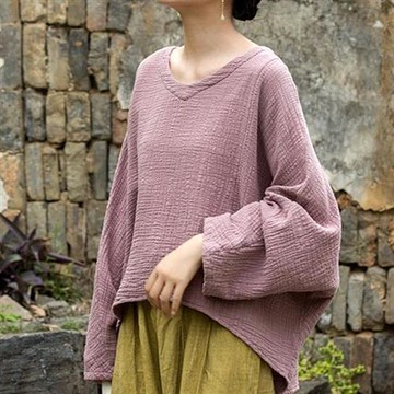 【米蘭精品】現貨+預購 新中式T恤棉麻上衣手工亞麻短袖襯衫夏季女裝大尺碼-長袖肌理V領女上衣3色74lw77