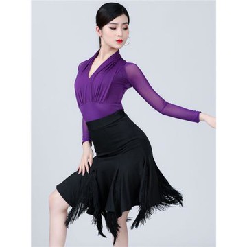 拉丁舞裙流蘇套裝女成人恰恰倫巴練功服網紅摩登舞網紗上衣長袖秋