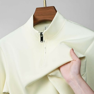 【新款熱賣】310G雙面提花高端商務經典立領半開胸拉鏈中青年長袖純色POLO衫男