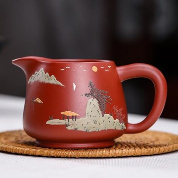 宜興紫砂壺公道杯原礦大紅袍刻山水260毫升