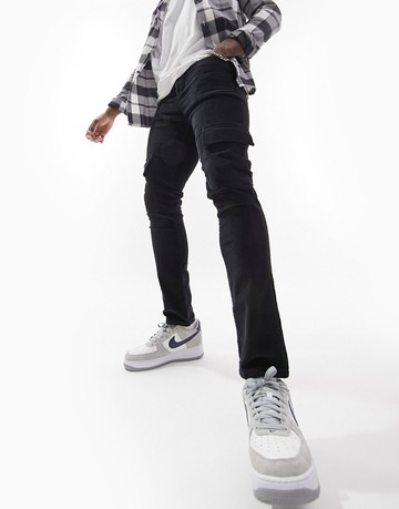 ASOS DESIGN skinny cord cargo trousers in black