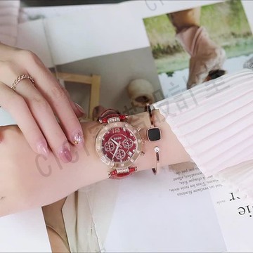 古歐GUOU 8050 歐美範女款手錶三眼帶日曆夜光大錶盤女士皮帶手錶水鑽 手錶女【亞德機械五金家居】