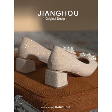 真皮~匠逅女鞋 婚禮伴娘鞋粗跟不累腳主婚鞋珍珠仙女風軟皮單鞋子