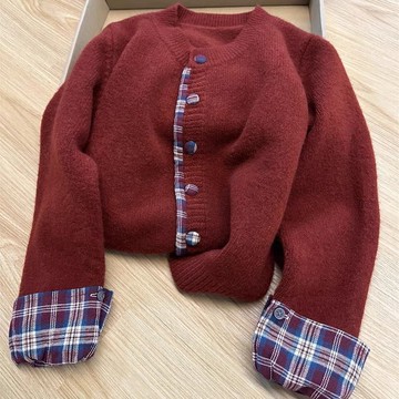 假兩件拼接格紋上衣