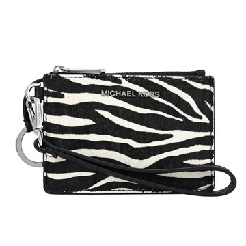 MICHAEL KORS JET SET 毛布皮邊鑰匙卡片零錢包.黑白