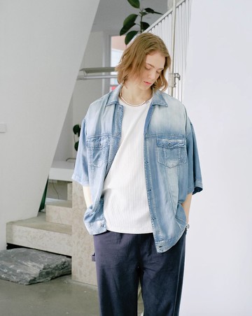 日系復古 天絲水洗牛仔襯衫短袖