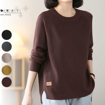 【QV5007】魔衣子-直條紋理圓領側開叉長袖針織衫
