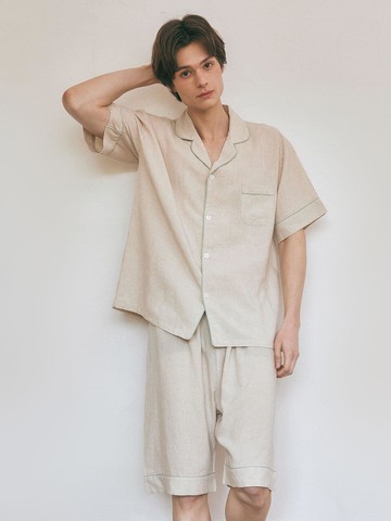 Objet Linen Cotton Short-Sleeve Collar Two-Piece Pajama Set