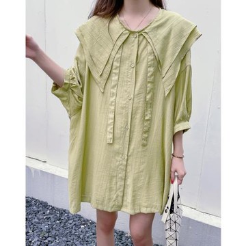 菲爾丹 肌理感面料 雙層海軍領 系帶 寬松遮肉五分袖襯衫大版9907