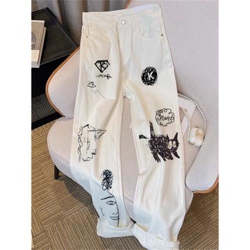 美式街頭設計感涂鴉白色牛仔褲男女夏季窄版高腰垂感拖地直筒長褲