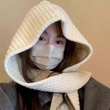 【台灣發貨】連帽披肩圍巾帽子一體 女冬季兩件套 羊毛混紡 純色保暖 秋冬兩用針織斗篷 秋冬圍巾保暖帽子 防風 針織帽