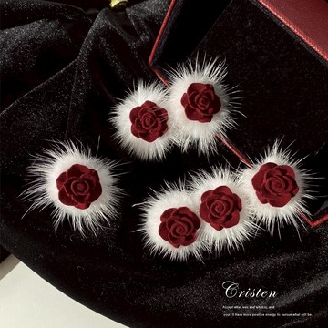 紅色玫瑰花毛茸茸發夾2021年新款潮秋冬毛絨鴨嘴夾超仙側邊劉海夾