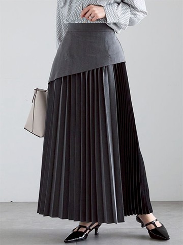 斜切小裙襬分層不對襯百褶長裙(0F000568010) - Te chichi