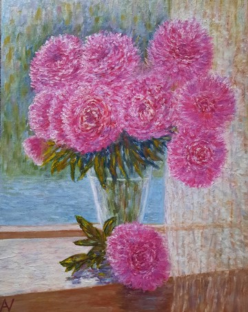 粉色紫苑 原創油畫，紋理花卉靜物，浪漫藝術畫作