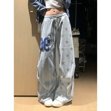 【星星印花 條紋設計感】灰色衛褲女 夏季 爵士舞 運動褲 美式復古 闊腿長褲 女褲 休閒褲 寬鬆長褲 舞蹈褲 街舞褲