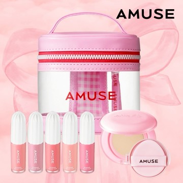 【AMUSE】粉霧絲絨唇釉+潤光果凍氣墊粉餅+粉紅格紋化妝包套禮