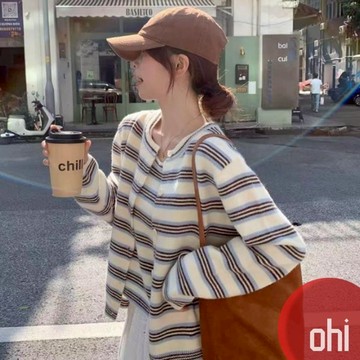 【ohi】韓系氛圍感穿搭撞色條紋針織開衫吊帶上衣兩件套 針織上衣外套 韓版針織衫 開衫外套 女裝 GAD7283