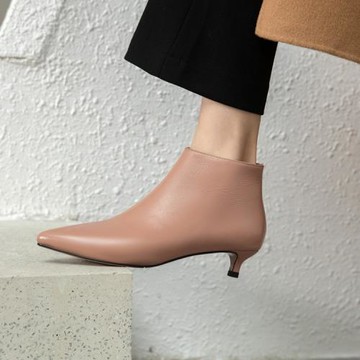 女鞋真皮側拉鏈尖頭細跟小短靴女秋冬季低跟單靴百搭加絨顯瘦踝靴