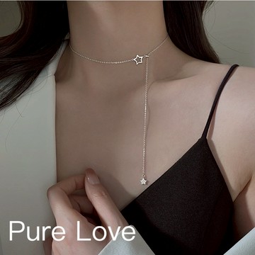 Pure Love樂芙 / 正韓 銀飾【S925銀飾】N0802簡約通體純銀項鍊鏤空大小星星抽拉可調式鎖骨鏈 短項鏈/銀