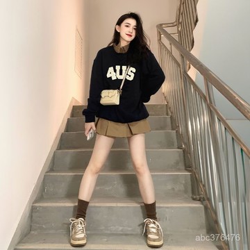 免運 美式潮牌 圓領衛衣女 春秋薄款 寬鬆 韓版 高級感 黑色 新款上衣 大学T 长袖衛衣