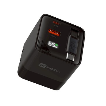 HODA GaN氮化鎵65W自帶伸縮線 三孔電源供應器 - 黑色