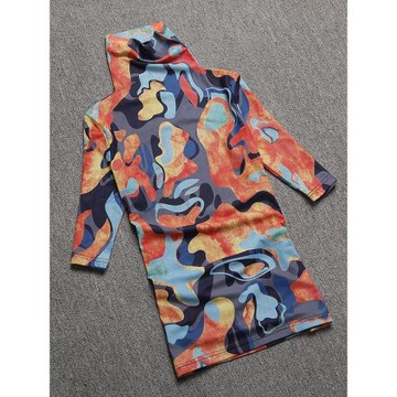 歐洲站2025春秋新款時尚網紗高領中袖t恤女修身上衣花色打底衫