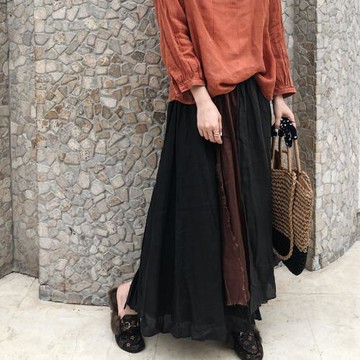 2025春夏新女 日系韓版大碼復古拼接棉麻亞麻苧麻寬松顯瘦半身裙