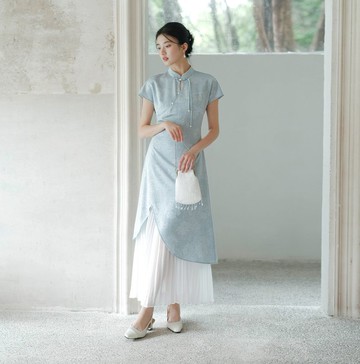 【井天藍】新中式復古中國風 薄紗收腰/改良旗袍