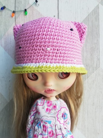 Blythe 鉤針巴拿馬帽 貓咪造型 粉色西瓜