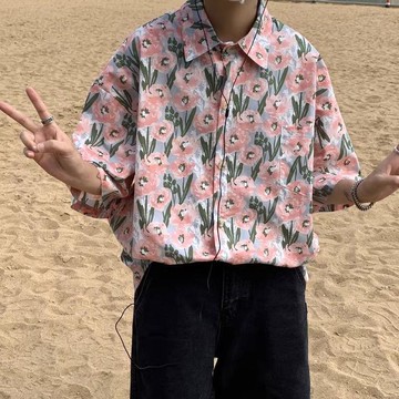 輕薄透氣雪紡男襯衫  涼感 寬鬆 花襯衫男夏季薄款高級感痞帥潮流短袖襯衣港風日系夏威夷外套0616