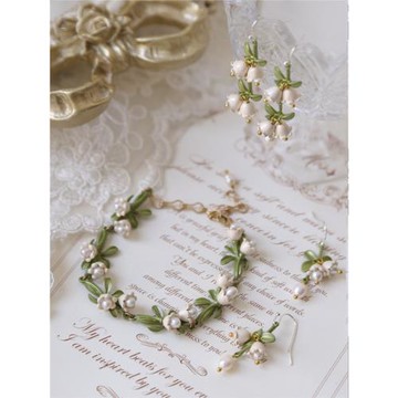 天然珍珠法式復古vintage植物鈴蘭花山谷百合耳環耳夾飾手鏈項鏈