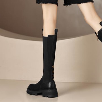 包腿顯瘦騎士靴女2025秋冬款粗跟側拉鏈彈力長靴小個子厚底高筒靴