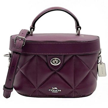 【COACH】菱格納帕真皮璇扣手提斜背兩用化妝箱/化妝包(紫)