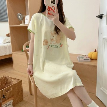 可愛睡衣 夏季薄款 雲朵棉 短袖 套頭 中長款 睡裙女 舒適親膚 休閒 大碼睡裙 寬鬆 家居服 睡裙