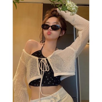 韓系純欲風防曬開衫女薄款夏季短款小罩衫綁帶上衣外搭鏤空針織衫