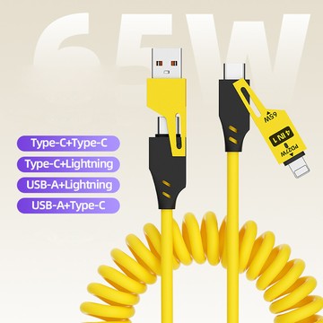 四合一彈簧快充線 pd充電線 快速充電 鋅合金 數據線 type-c/8pin 一線四頭 (65w)