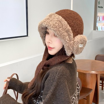 韓版圈圈毛絨護耳帽子女秋冬綁帶針織保暖防寒耳機帽可愛顯臉小雷鋒帽