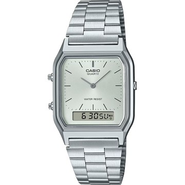 CASIO 卡西歐 學生錶 復刻方型雙顯電子指針手錶 不鏽鋼帶 送禮 禮物 推薦(AQ-230A-7AMQY)
