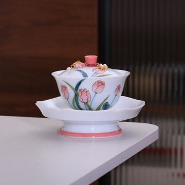 2025新款手繪郁金香蓋碗釉下彩小號泡茶碗茶杯陶瓷女性高顏值蓋碗