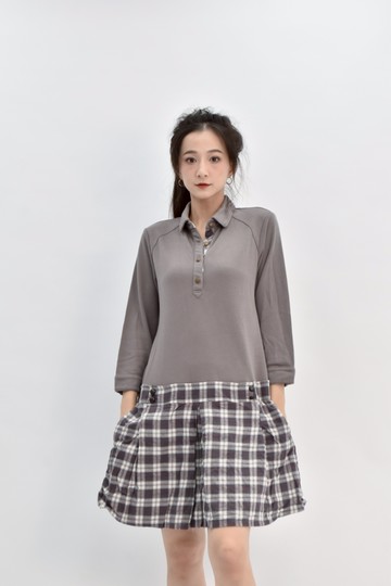 (S) 七分格紋灰色洋裝