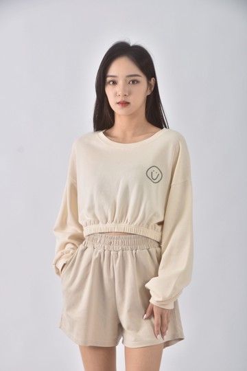 (F) 2two day韓牌質感修身短版笑臉杏色長袖上衣