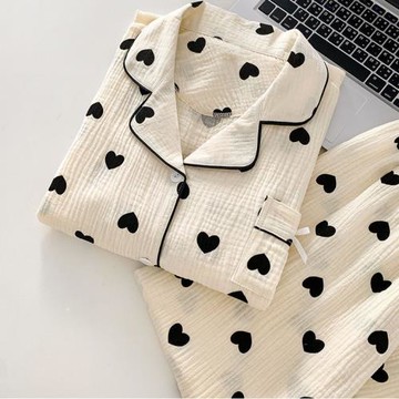 奶乎乎簡約愛心純棉紗睡衣女春秋季長袖家居服套裝甜美女士云朵棉