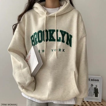刺繡字母衛衣女士連帽年寬鬆春秋冬加厚加絨外套大碼上衣