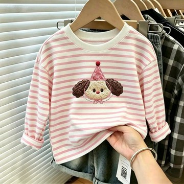 Healthy baby 春秋女童條紋圓領長袖t恤春秋新款百搭中小兒童卡通百搭上衣t 女童長袖 女童T恤 女童上衣