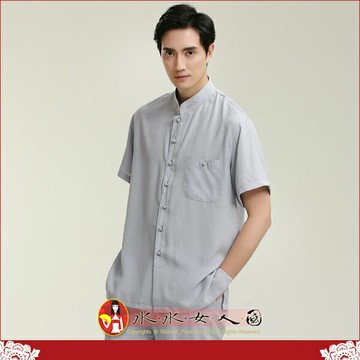 現貨快速出貨｜中國風男裝短袖唐裝上衣 優質灰色復古棉麻淺繡紋中山裝漢服男青年時尚必襯衫｜2709｜水水女人國