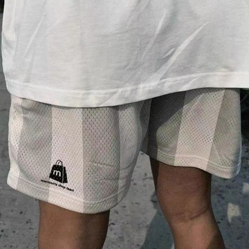 夏季拼色條紋網眼印花透氣速幹短褲男四分不過膝腰部抽繩美式短褲 大尺碼冰絲短褲 運動短褲 涼感短褲 男生寬鬆休閒短褲 跑步